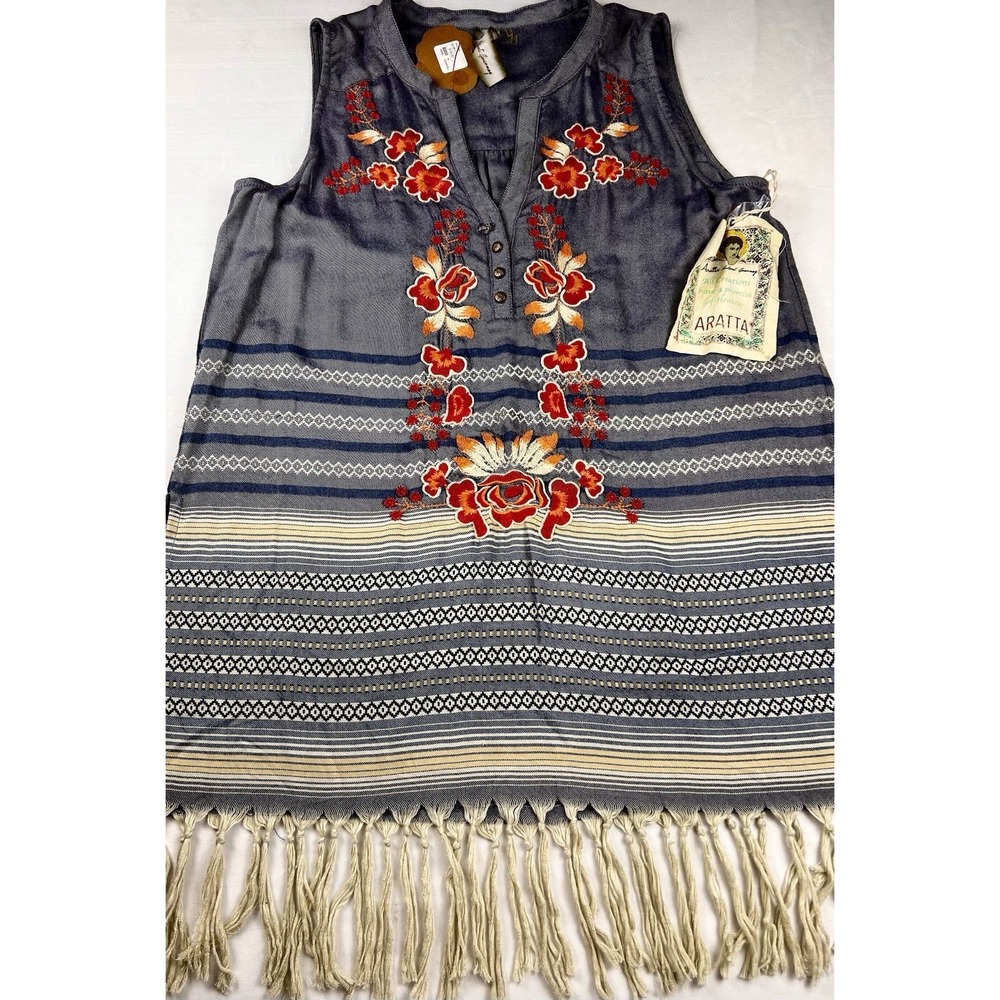 Aratta Silent Journey Embroidered Fringe Boho Top Floral Western Festival M NWT